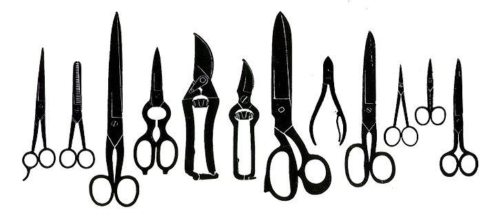 Different types of scissors that are resharpened in the Klotzli workshop
