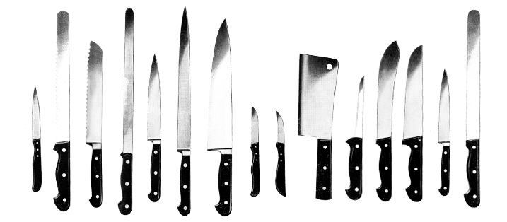 Verschiedene Messerarten die in der Werkstatt der Klötzli Messerschmiede geschliffen werden